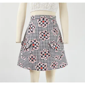 70s Style Vintage Gingham and Floral Print Cotton Skirt Mod A-line Mini Skirt with Round Pockets size M