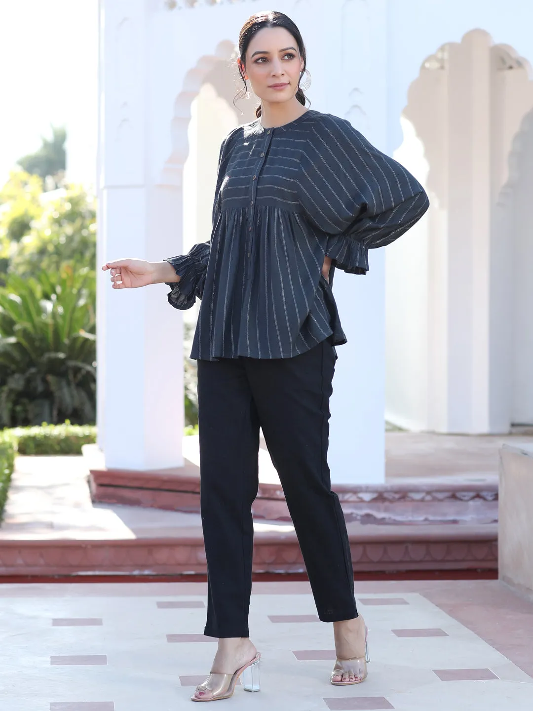 A Grey Self Weave Rayon Lurex Gathered Top With Elasticated Gathered Sleeves With Black Pants
