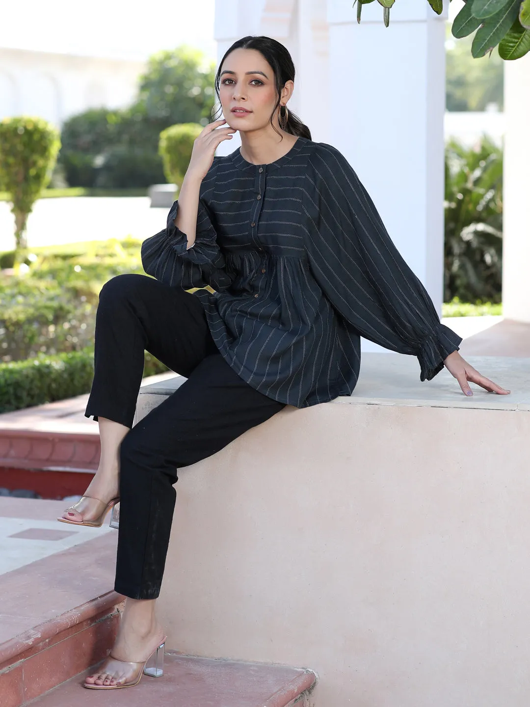 A Grey Self Weave Rayon Lurex Gathered Top With Elasticated Gathered Sleeves With Black Pants
