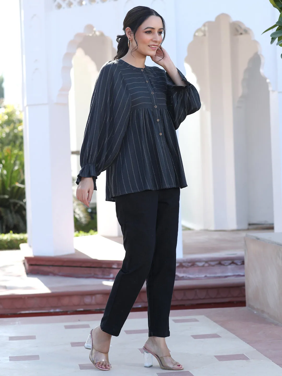 A Grey Self Weave Rayon Lurex Gathered Top With Elasticated Gathered Sleeves With Black Pants
