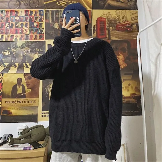 Aidase Multicolor Casual Sweater Men Korean Fashion Loose Harajuku Streetwear Solid Color Pullover Men Retro Long Sleeve Sweater Men