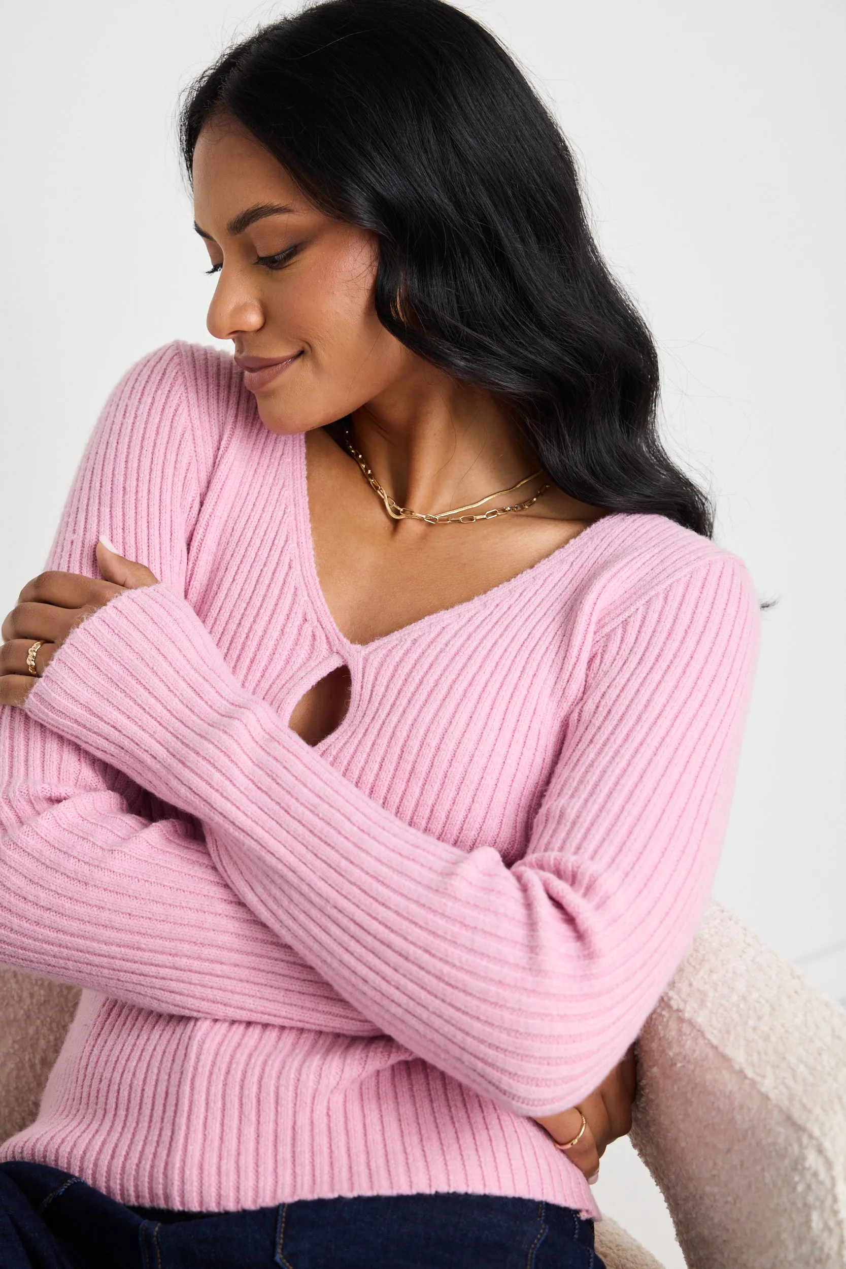Apollo Candyfloss LS Rib Knit Split Front Top