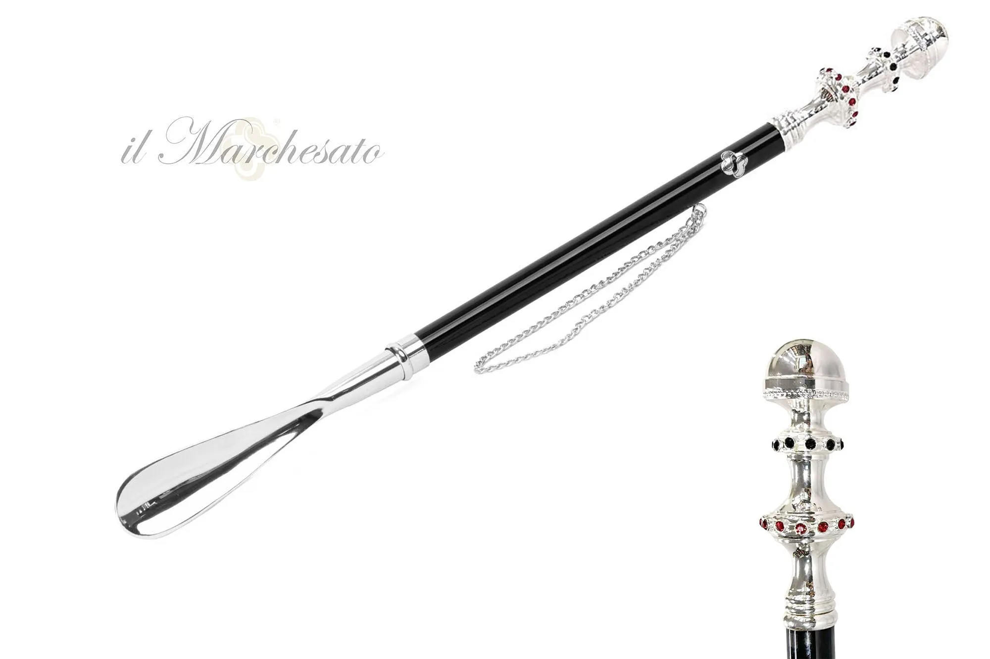Artisanal shoehorn with black and red crystals