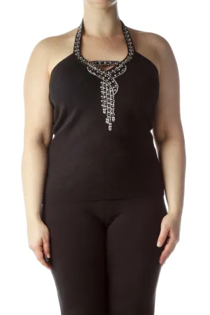 Black Neck Bead Embellishment Halter Knit Top