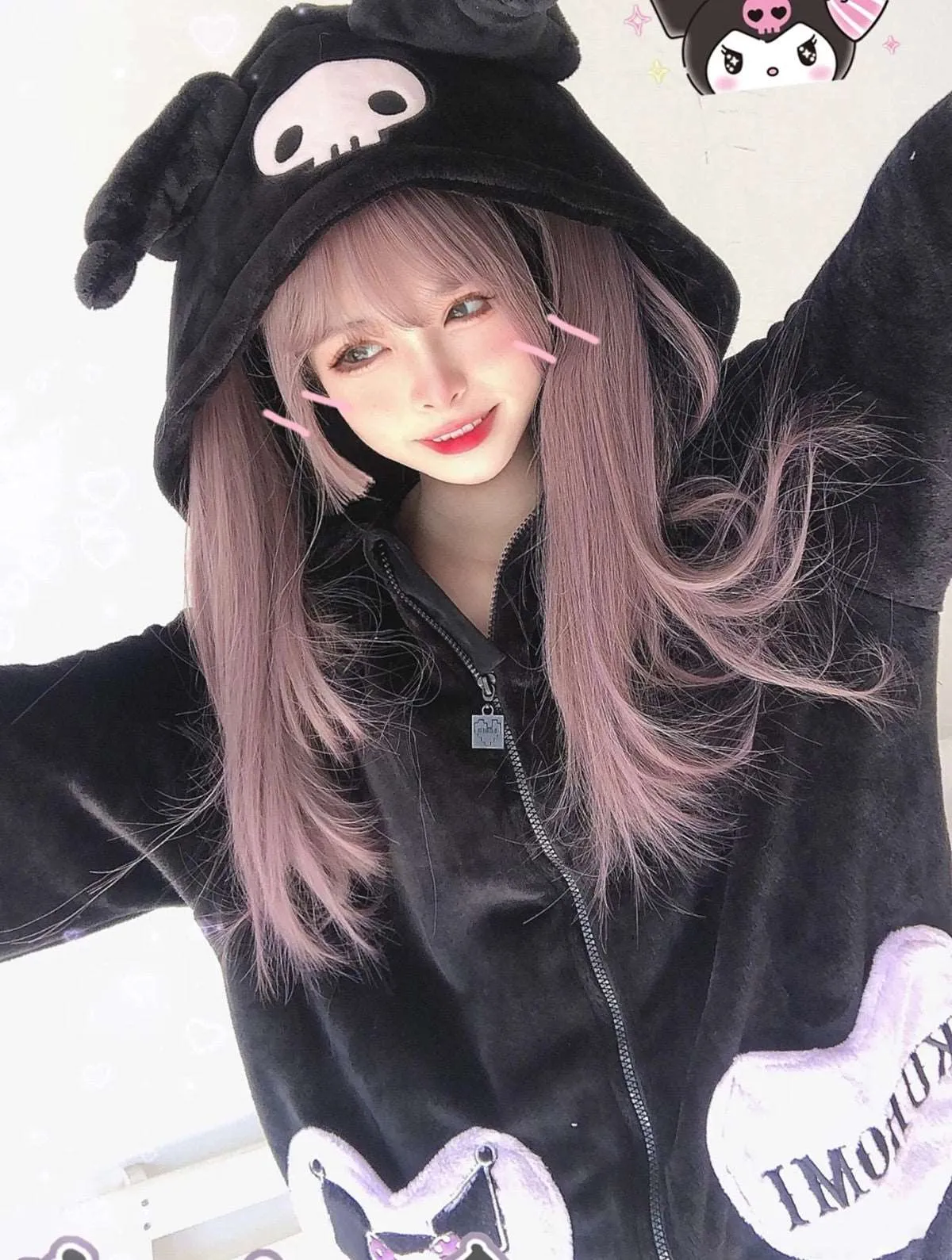 Black Purple Devil Cartoon Plush Flannel Winter Pajamas Hooded Top & Pants Two Piece