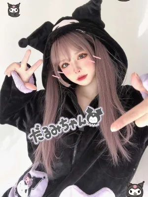 Black Purple Devil Cartoon Plush Flannel Winter Pajamas Hooded Top & Pants Two Piece