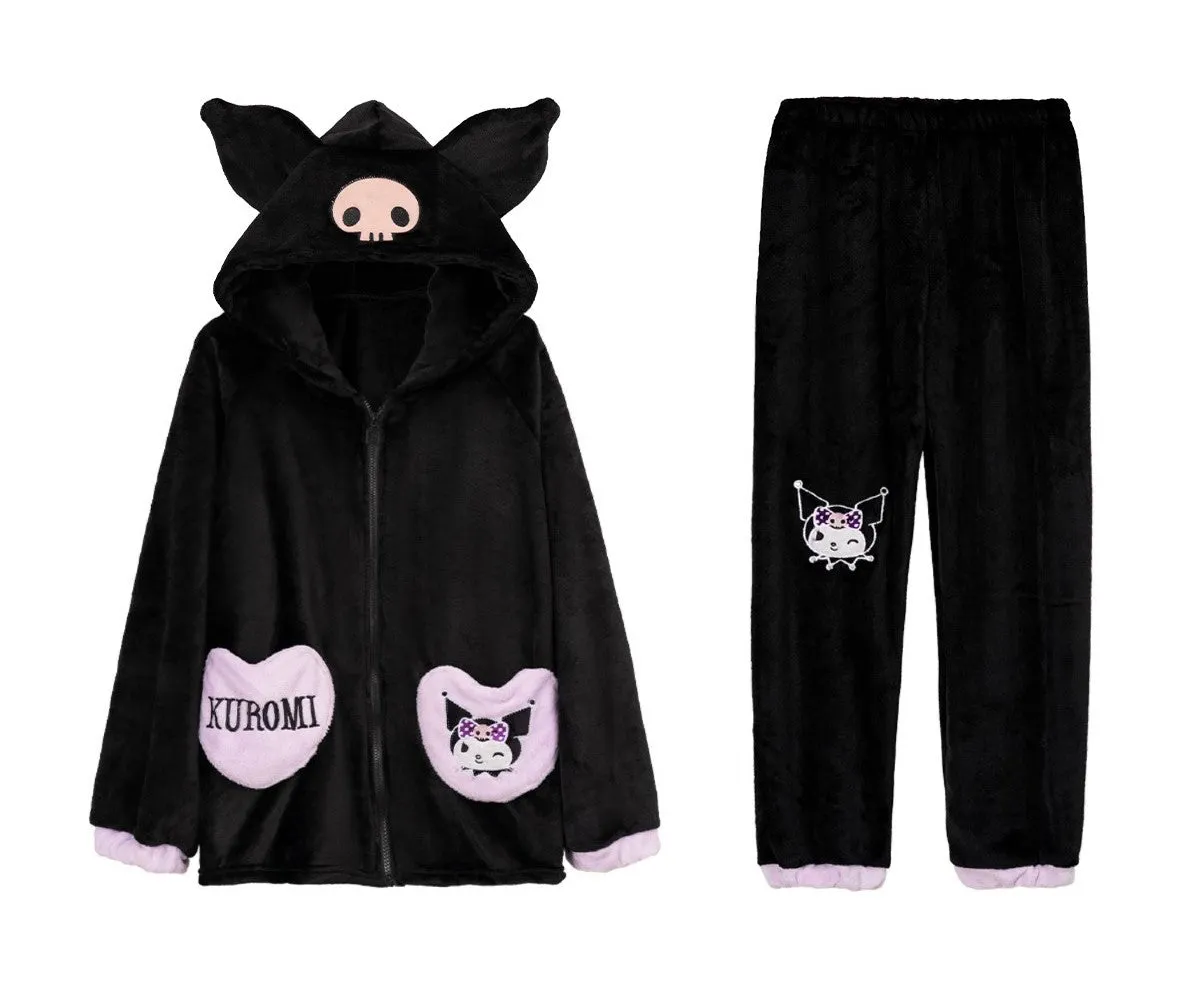 Black Purple Devil Cartoon Plush Flannel Winter Pajamas Hooded Top & Pants Two Piece