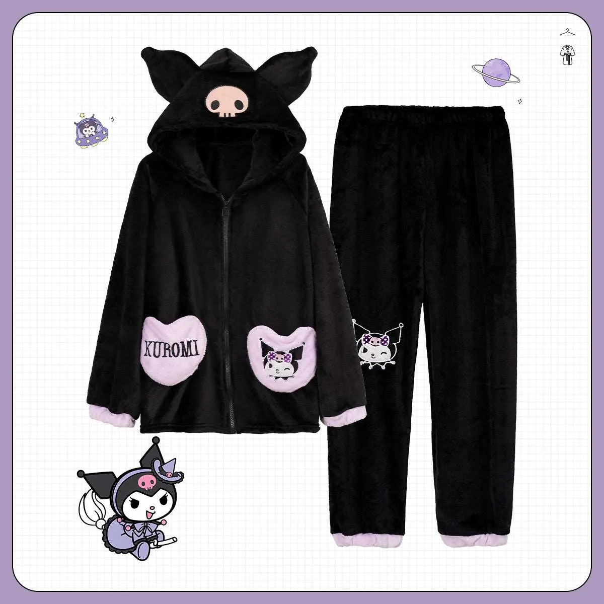 Black Purple Devil Cartoon Plush Flannel Winter Pajamas Hooded Top & Pants Two Piece