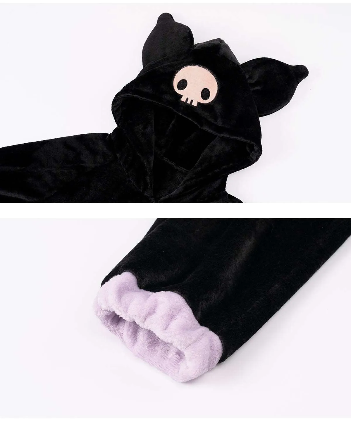 Black Purple Devil Cartoon Plush Flannel Winter Pajamas Hooded Top & Pants Two Piece
