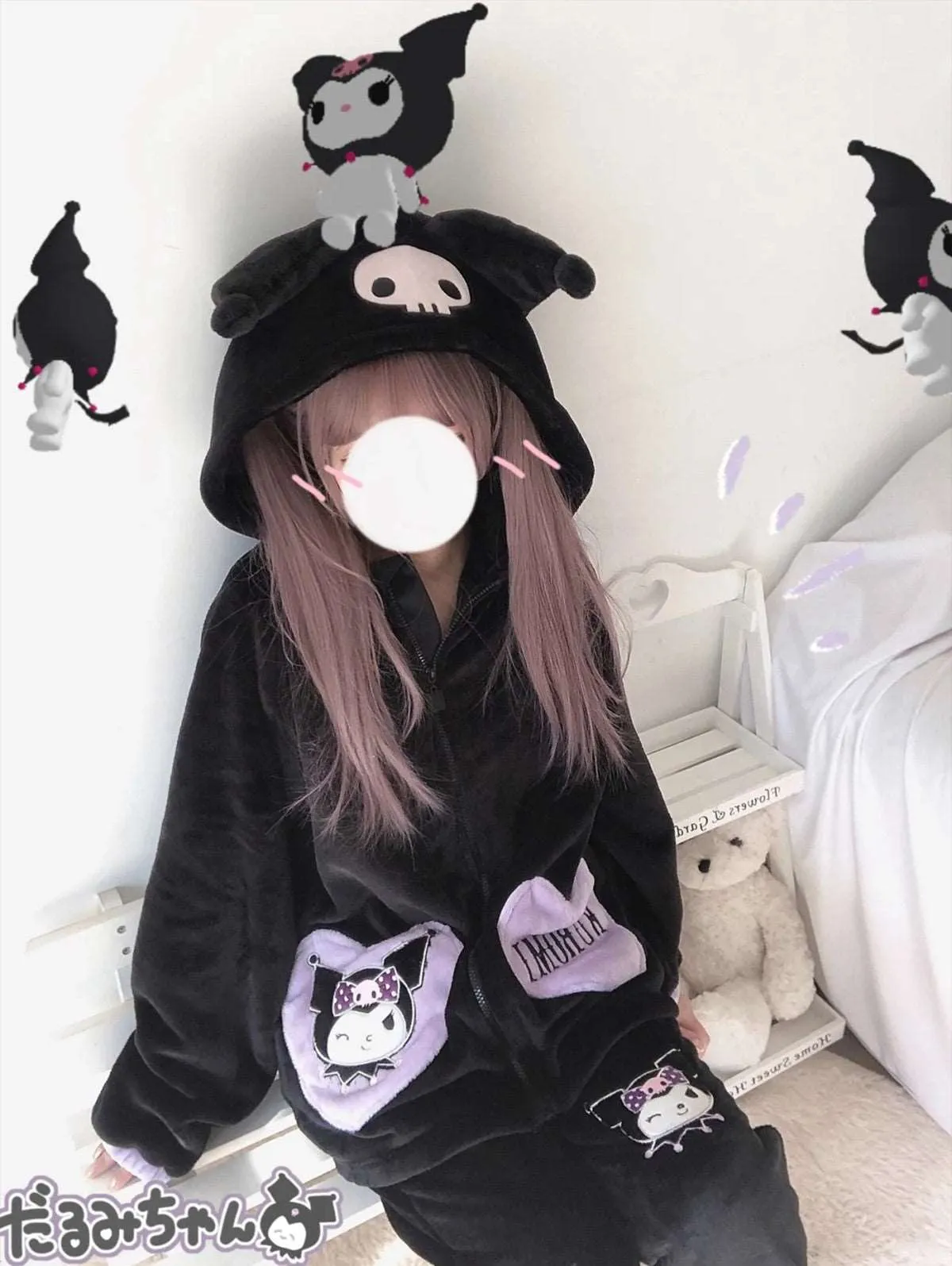 Black Purple Devil Cartoon Plush Flannel Winter Pajamas Hooded Top & Pants Two Piece