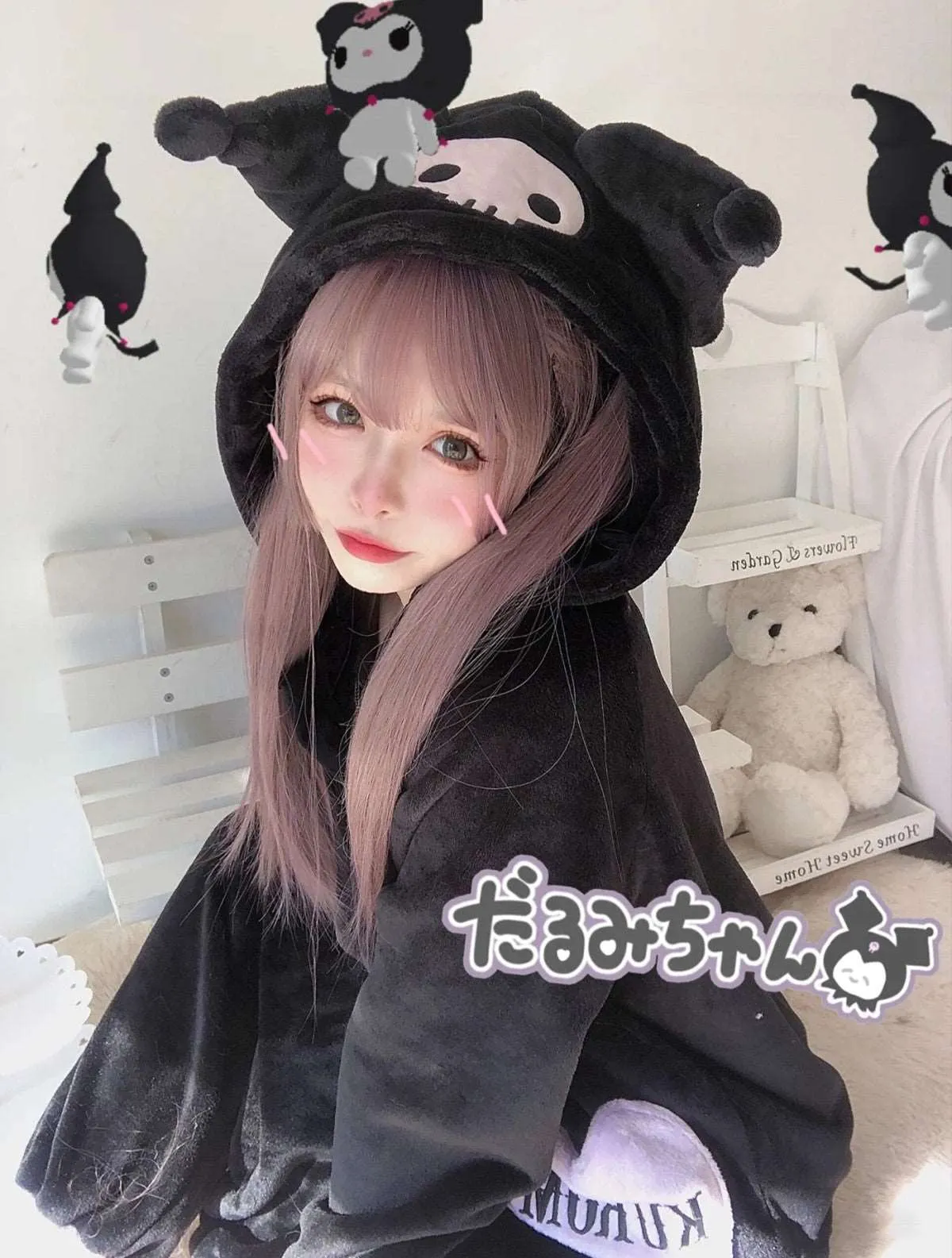 Black Purple Devil Cartoon Plush Flannel Winter Pajamas Hooded Top & Pants Two Piece