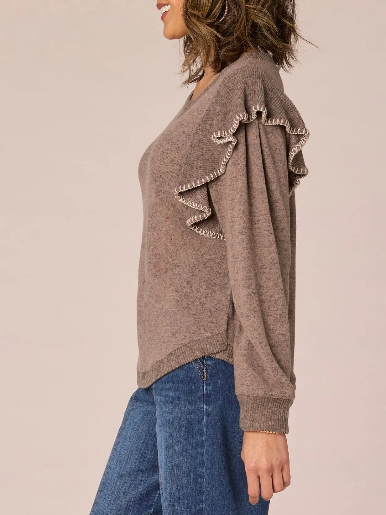 Blanket Stitch Ruffle Top - Heather Brown Ecru