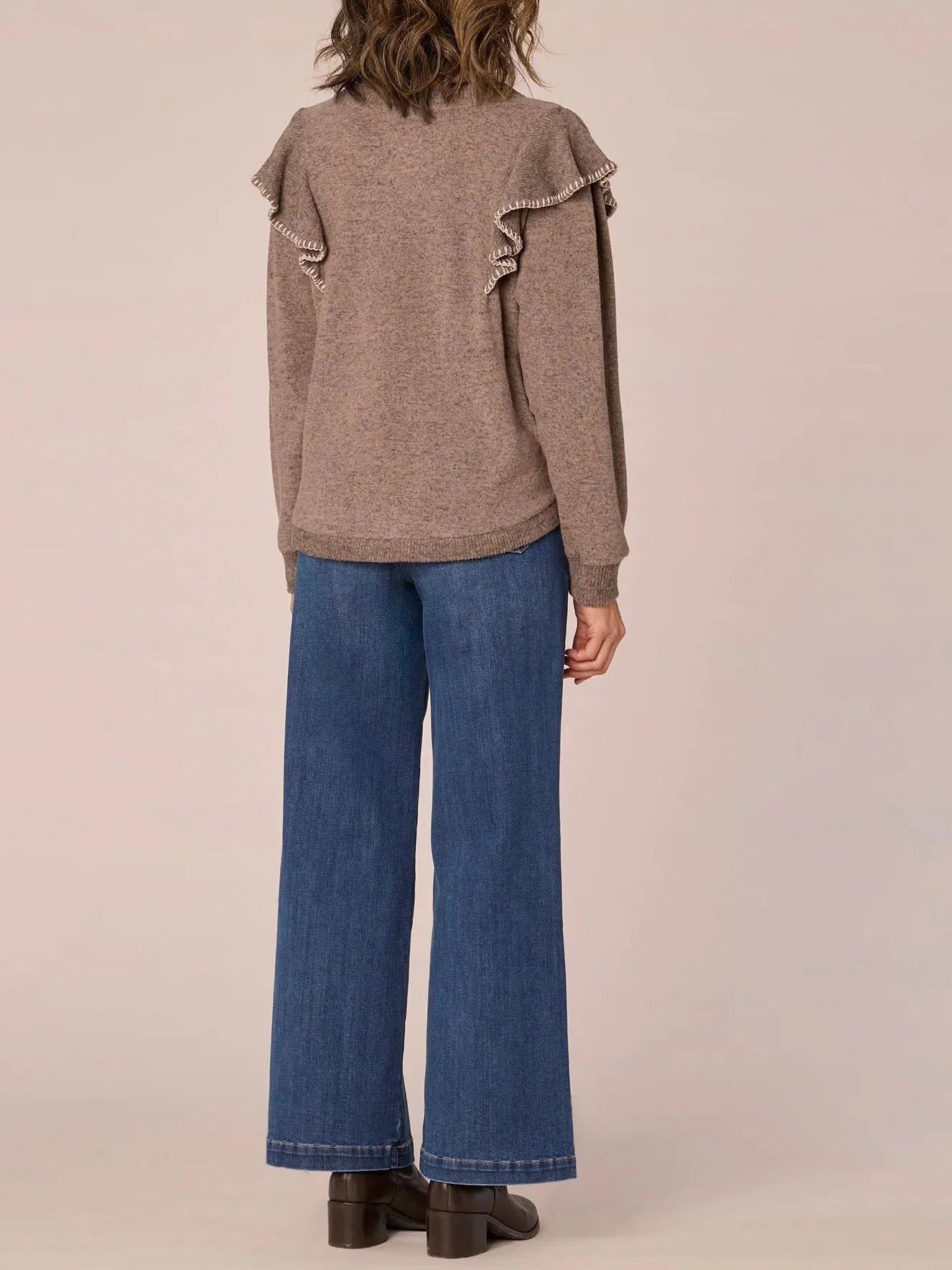 Blanket Stitch Ruffle Top - Heather Brown Ecru
