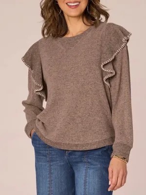 Blanket Stitch Ruffle Top - Heather Brown Ecru