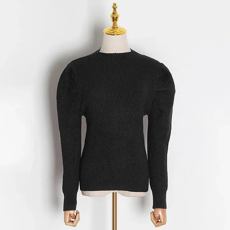 Casual Knitted Women Sweaters Round Neck Puff Long Sleeve Slim Ruched Sweater For Female Spring Fashion