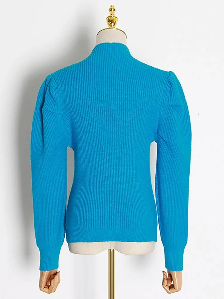 Casual Knitted Women Sweaters Round Neck Puff Long Sleeve Slim Ruched Sweater For Female Spring Fashion