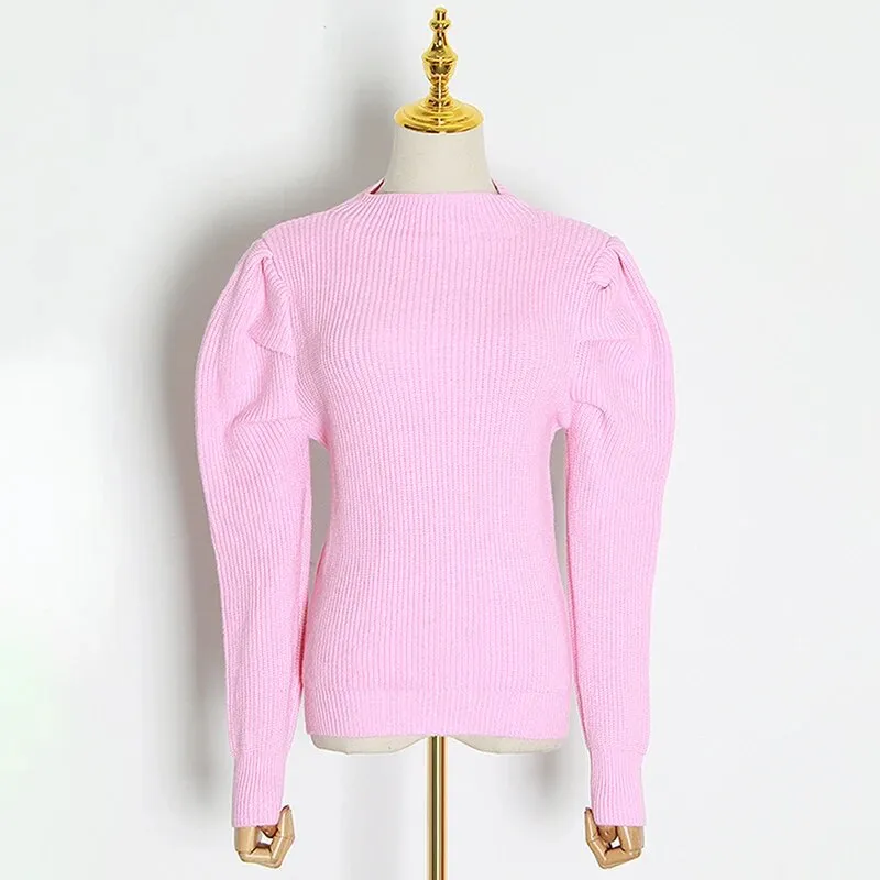 Casual Knitted Women Sweaters Round Neck Puff Long Sleeve Slim Ruched Sweater For Female Spring Fashion