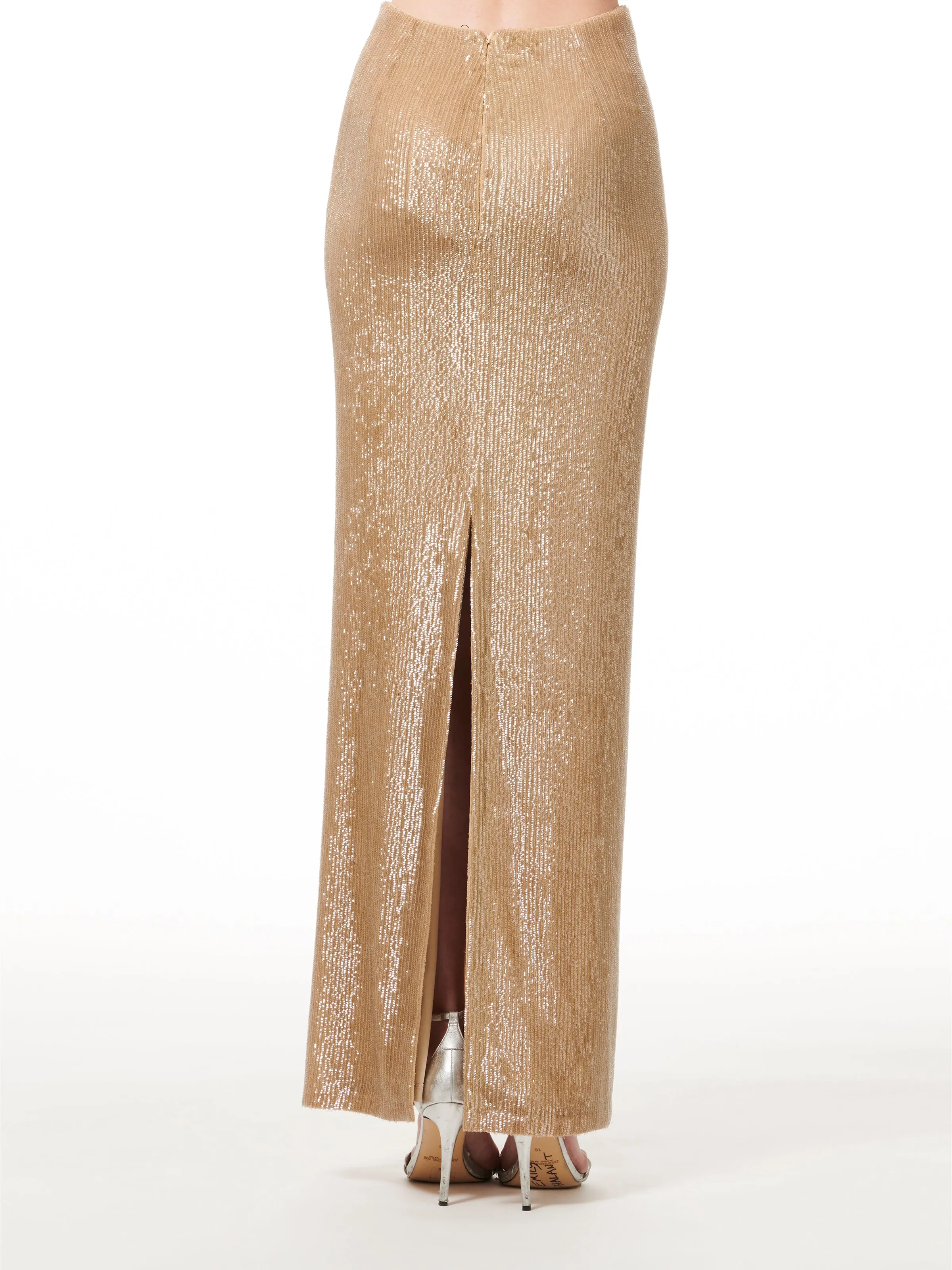 CHAMPAGNE LONG STRETCH SEQUIN COLUMN SKIRT