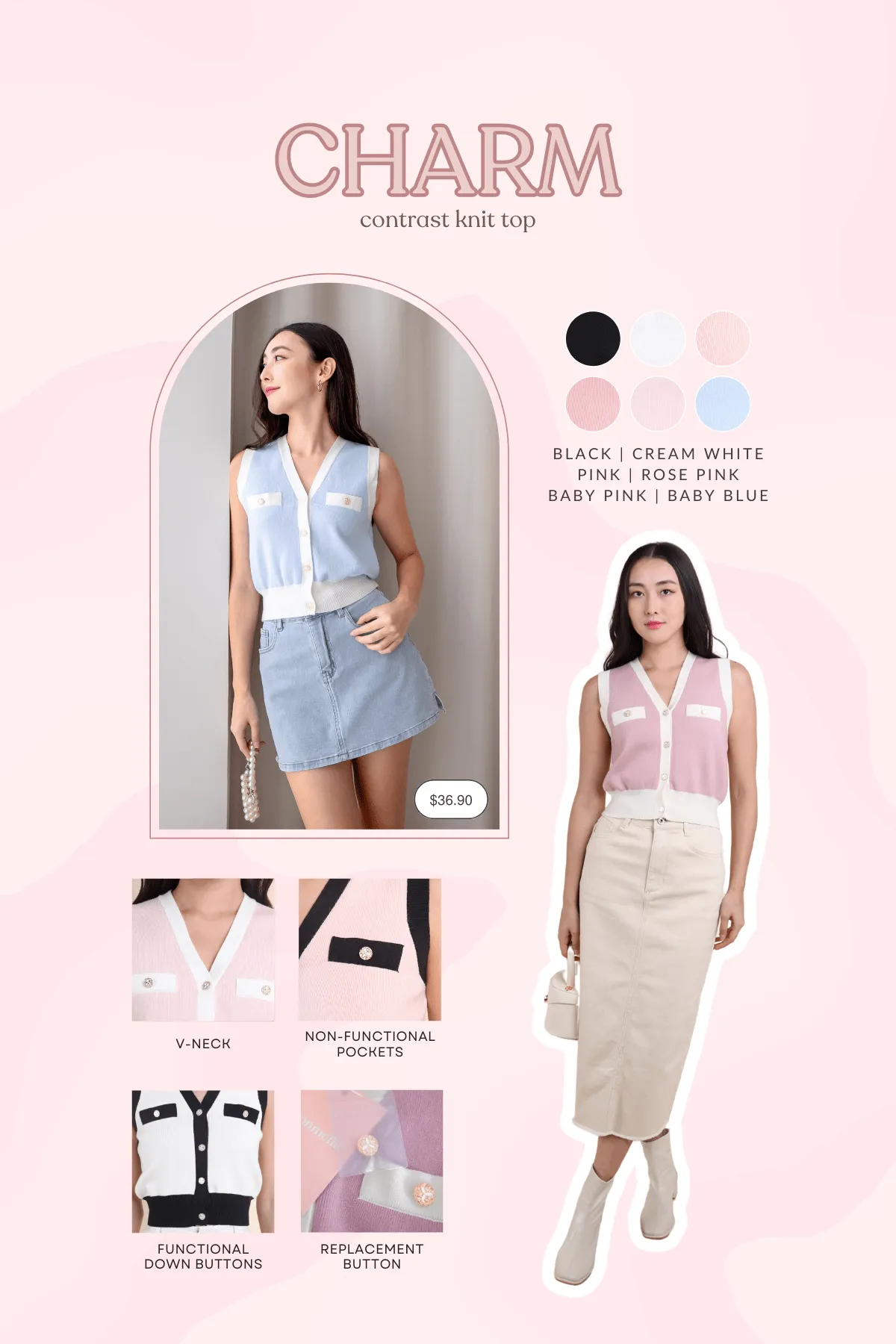 CHARM CONTRAST KNIT TOP IN PINK