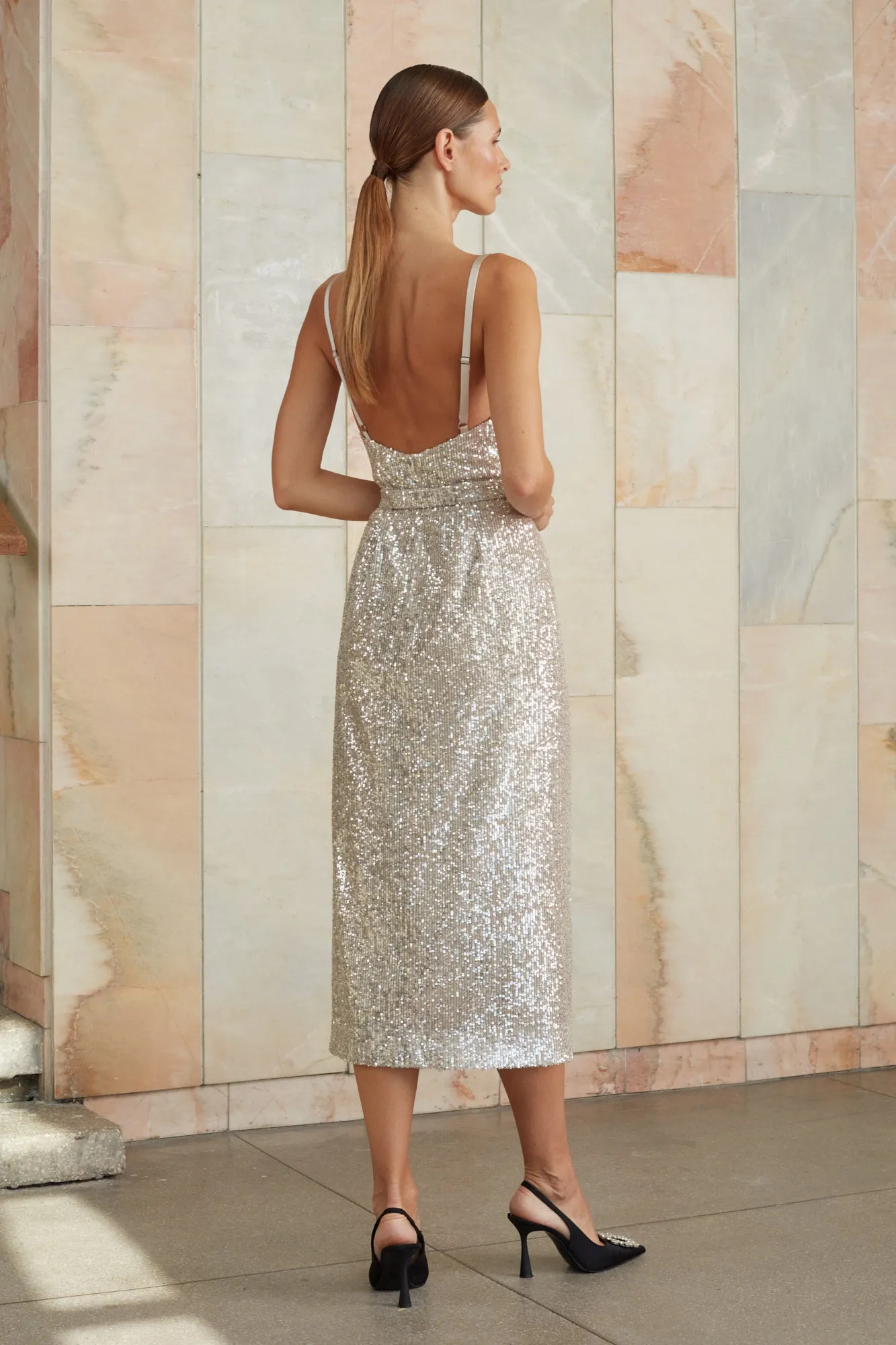 CHLOE silver sequin open back dress