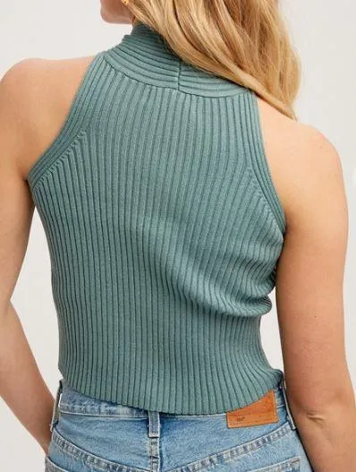 Classy Ribbed Knit Cross Neck Top- Sage