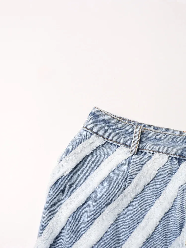 Colorblock Casual Split Denim Skirts For Women High Waist Patchwork Button A Line Skirt Female Fashion Clothing