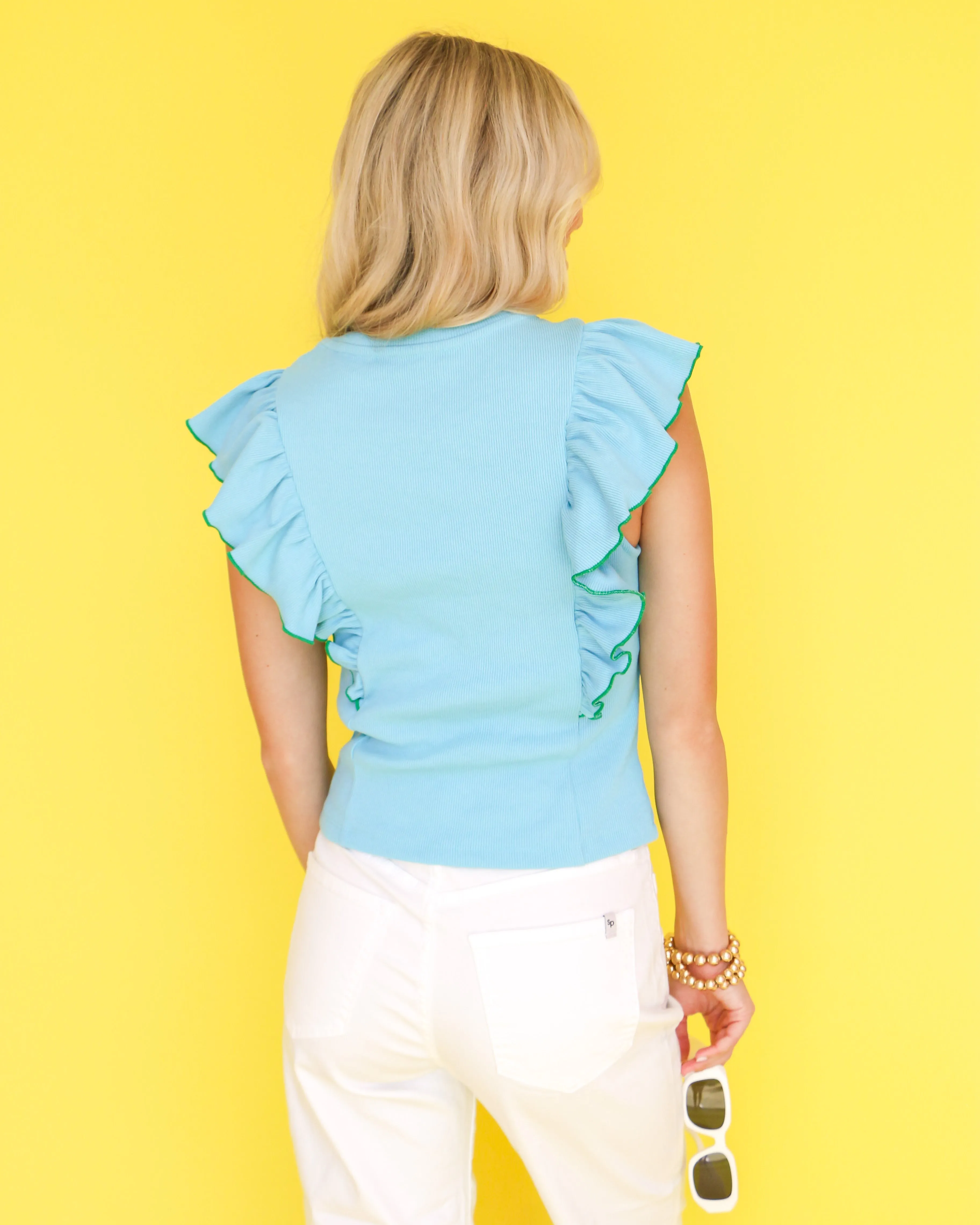 Contrast Merrow Detail Ruffled Knit Top in Blue