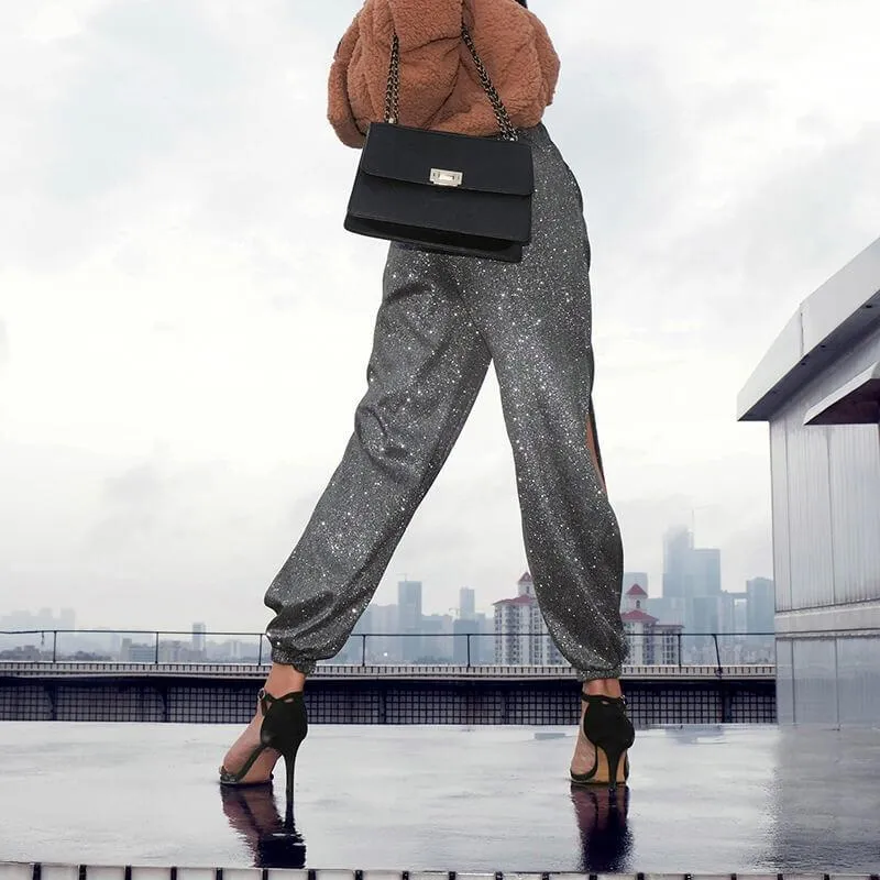 Cool High Waist Glitter Split Elastic Ankle Pants