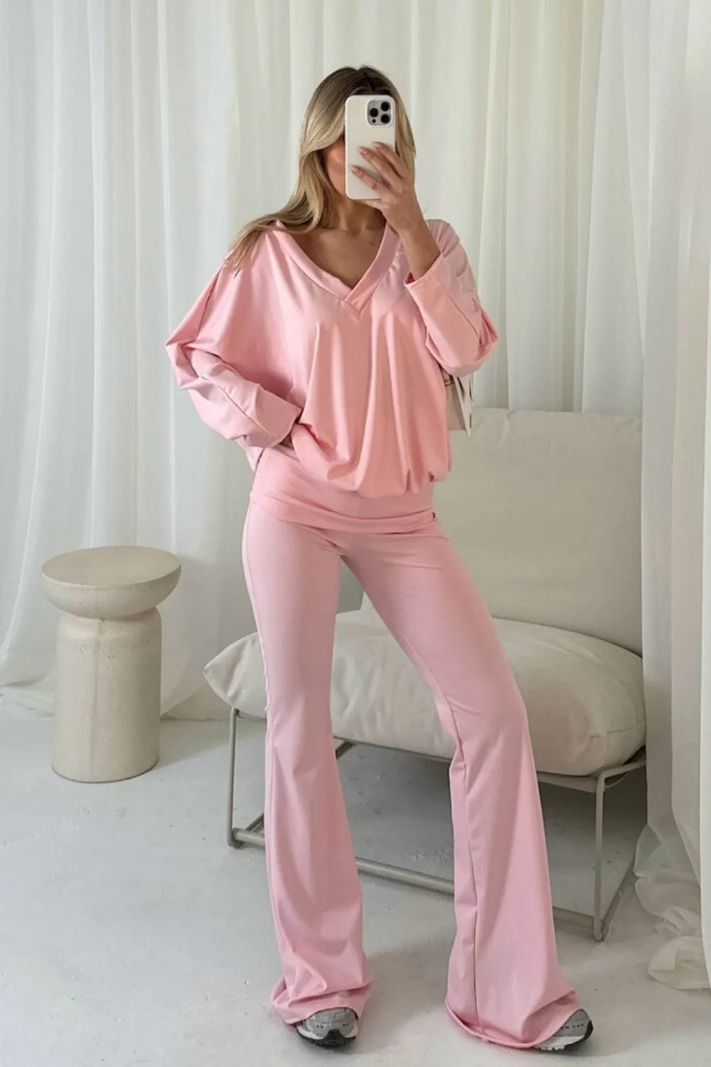 Evelyn baby pink v-neck bat sleeve loungewear set
