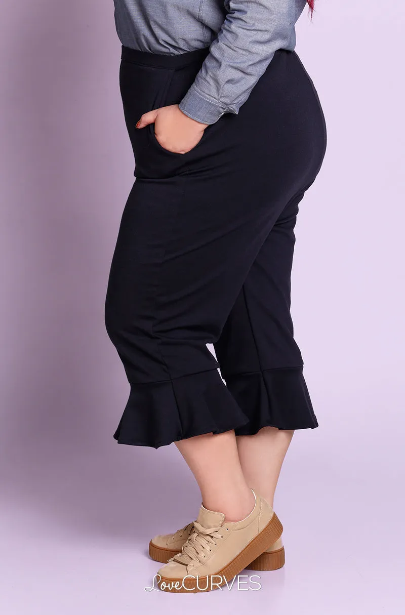 Frill Hem Cropped Pants with Side Pockets - Midnight Blue - OLI