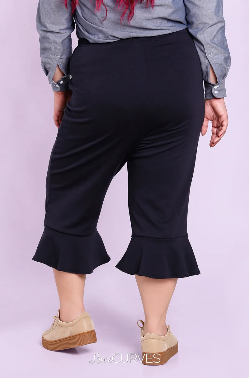 Frill Hem Cropped Pants with Side Pockets - Midnight Blue - OLI