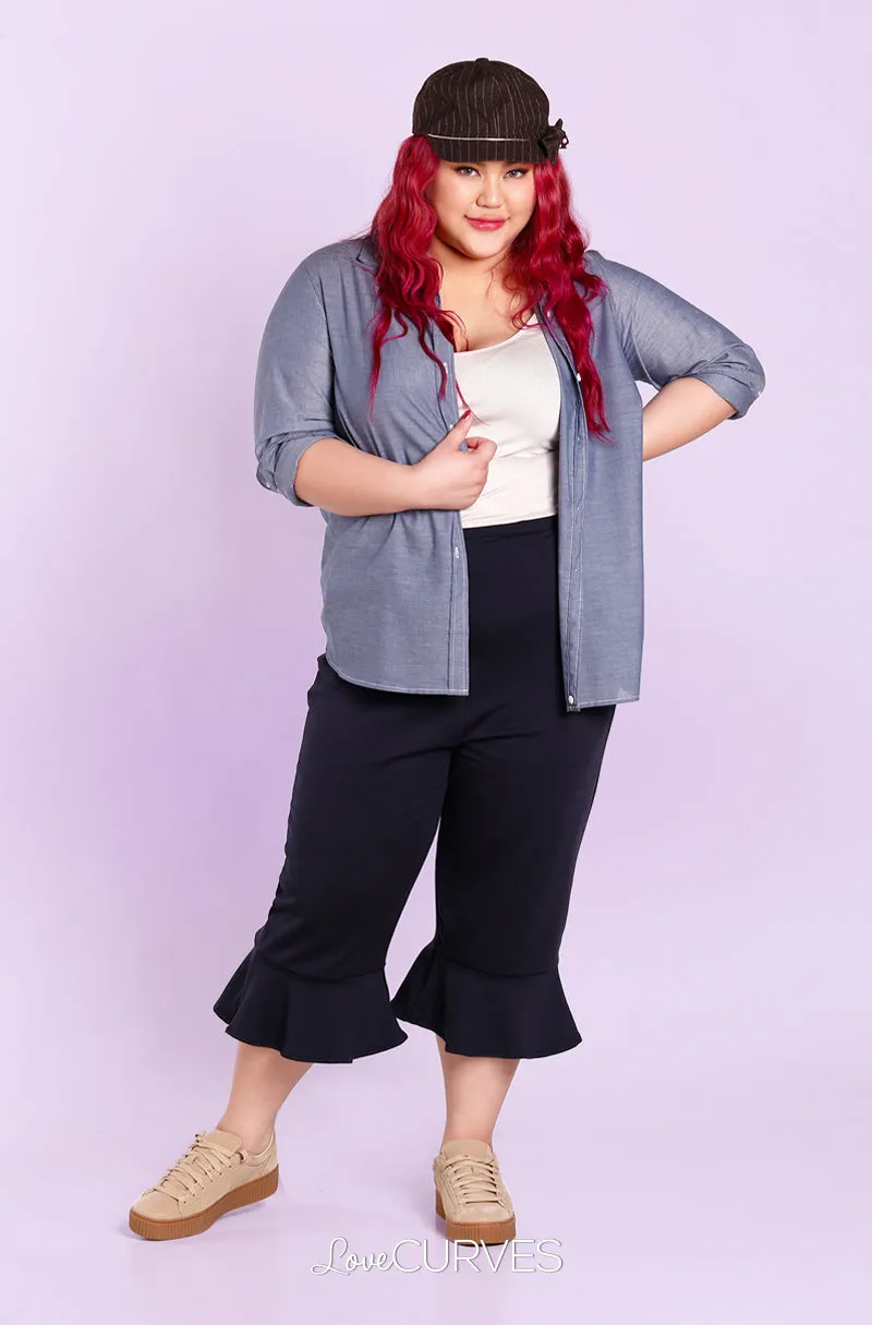 Frill Hem Cropped Pants with Side Pockets - Midnight Blue - OLI