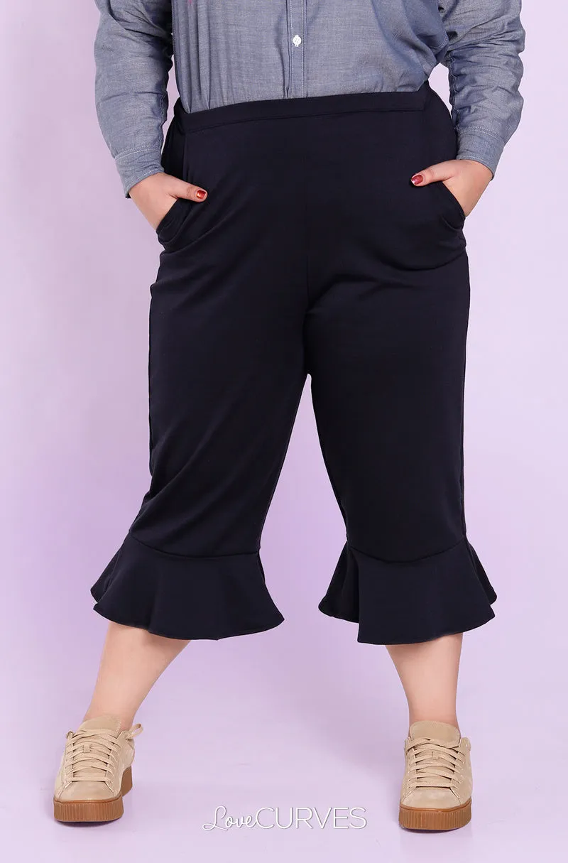 Frill Hem Cropped Pants with Side Pockets - Midnight Blue - OLI