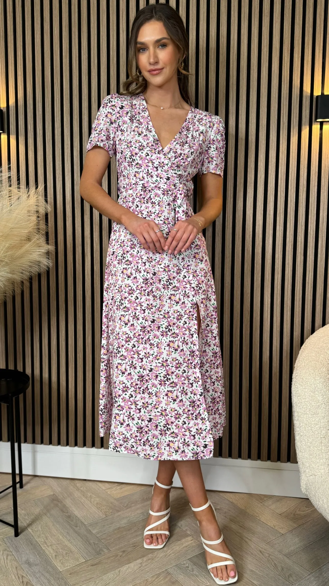 Gemma Purple Floral Printed Belt Detail Midi Dress