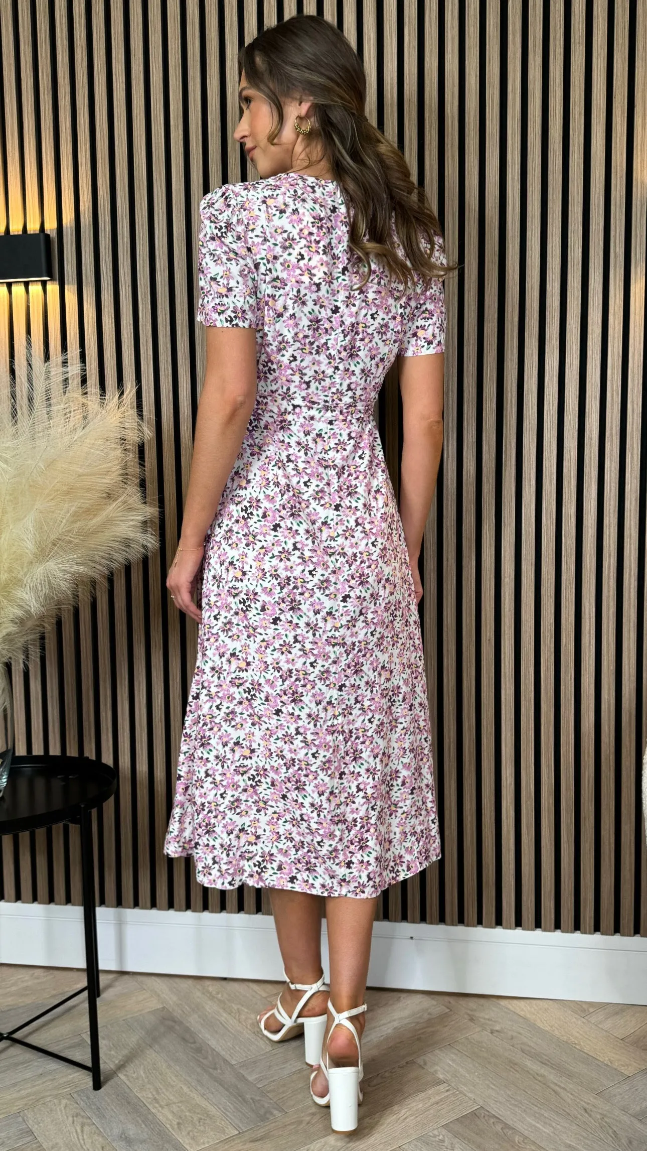 Gemma Purple Floral Printed Belt Detail Midi Dress