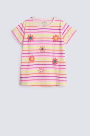 GIRLS COLORED FLORAL STRIPER T SHIRT