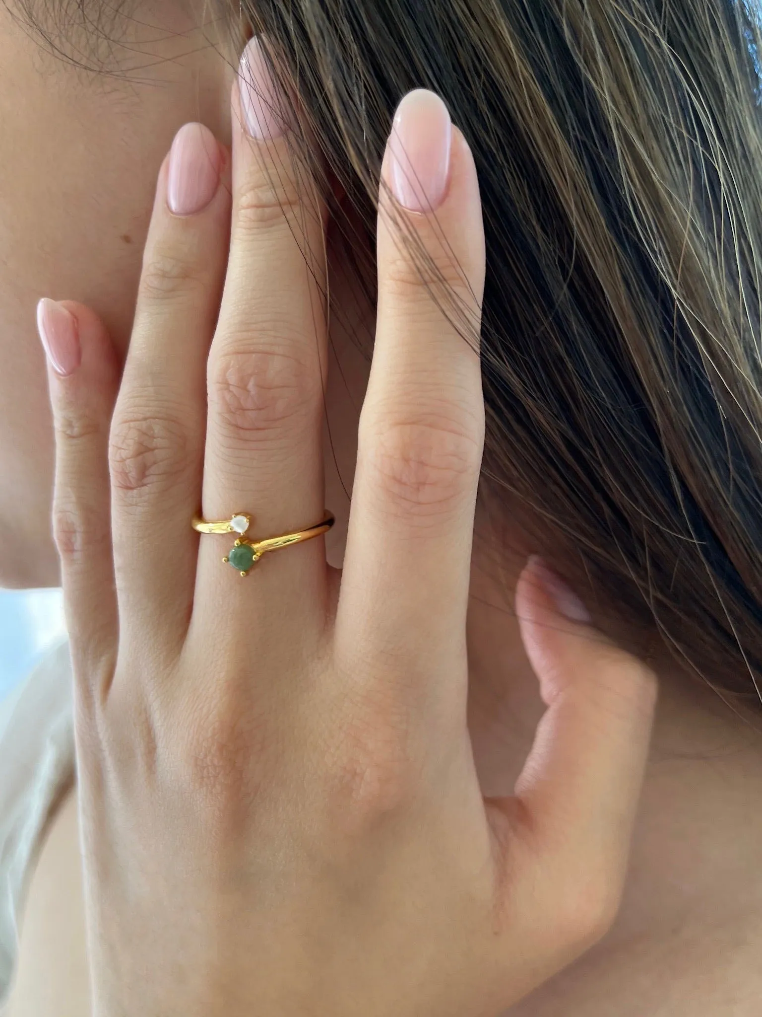 Gold Jade and Pearl Ring - Lune