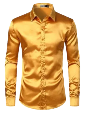 Gold Men's Shiny Satin Silk Dress Shirt Long Sleeve Casual Slim Fit