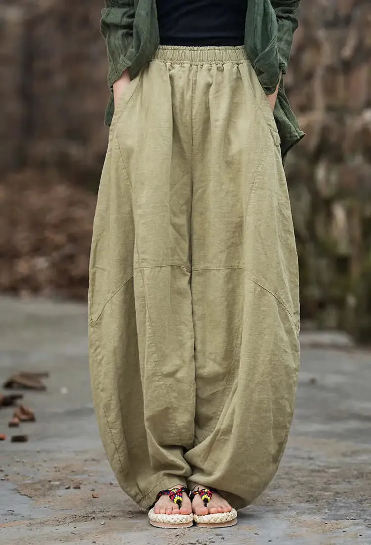 Green Linen Wide Leg Elastic Waist Summer Bloomers