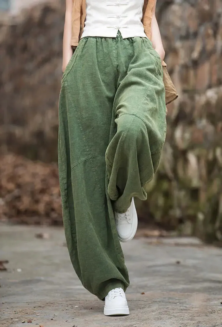 Green Linen Wide Leg Elastic Waist Summer Bloomers