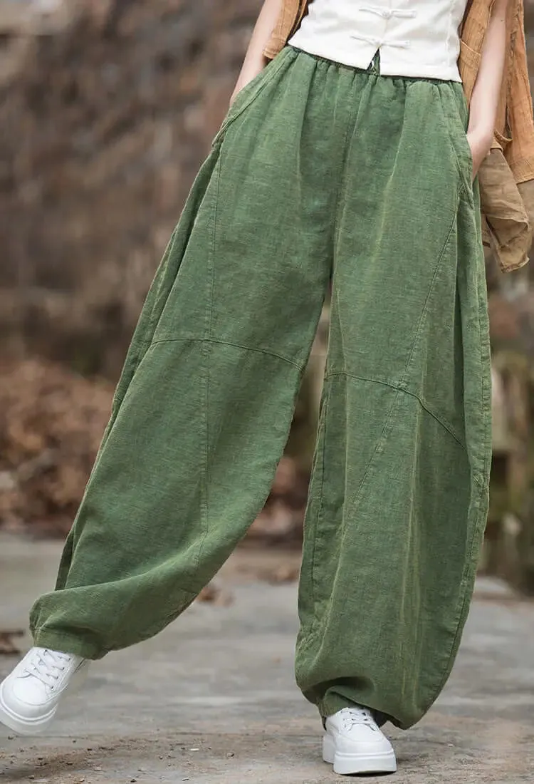 Green Linen Wide Leg Elastic Waist Summer Bloomers