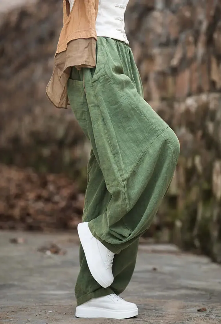 Green Linen Wide Leg Elastic Waist Summer Bloomers