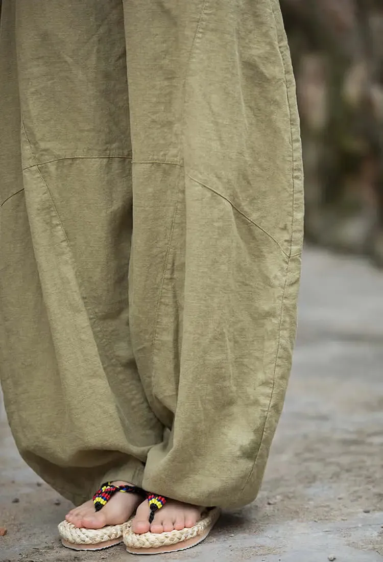 Green Linen Wide Leg Elastic Waist Summer Bloomers