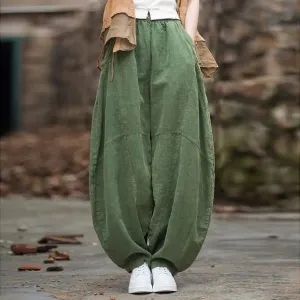 Green Linen Wide Leg Elastic Waist Summer Bloomers