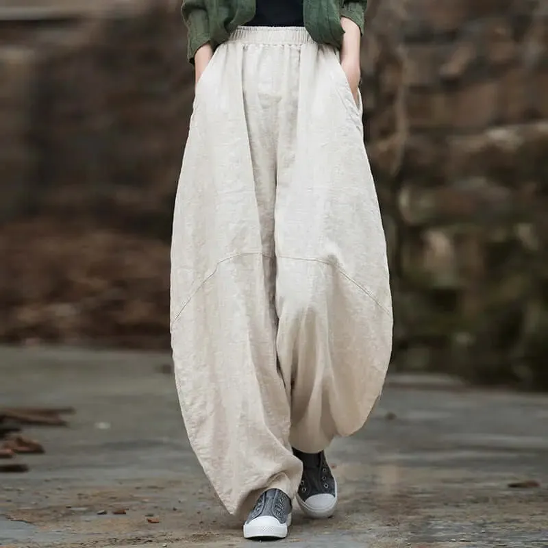 Green Linen Wide Leg Elastic Waist Summer Bloomers