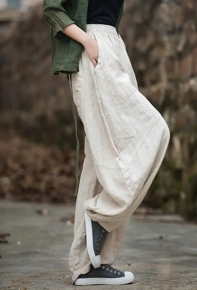 Green Linen Wide Leg Elastic Waist Summer Bloomers