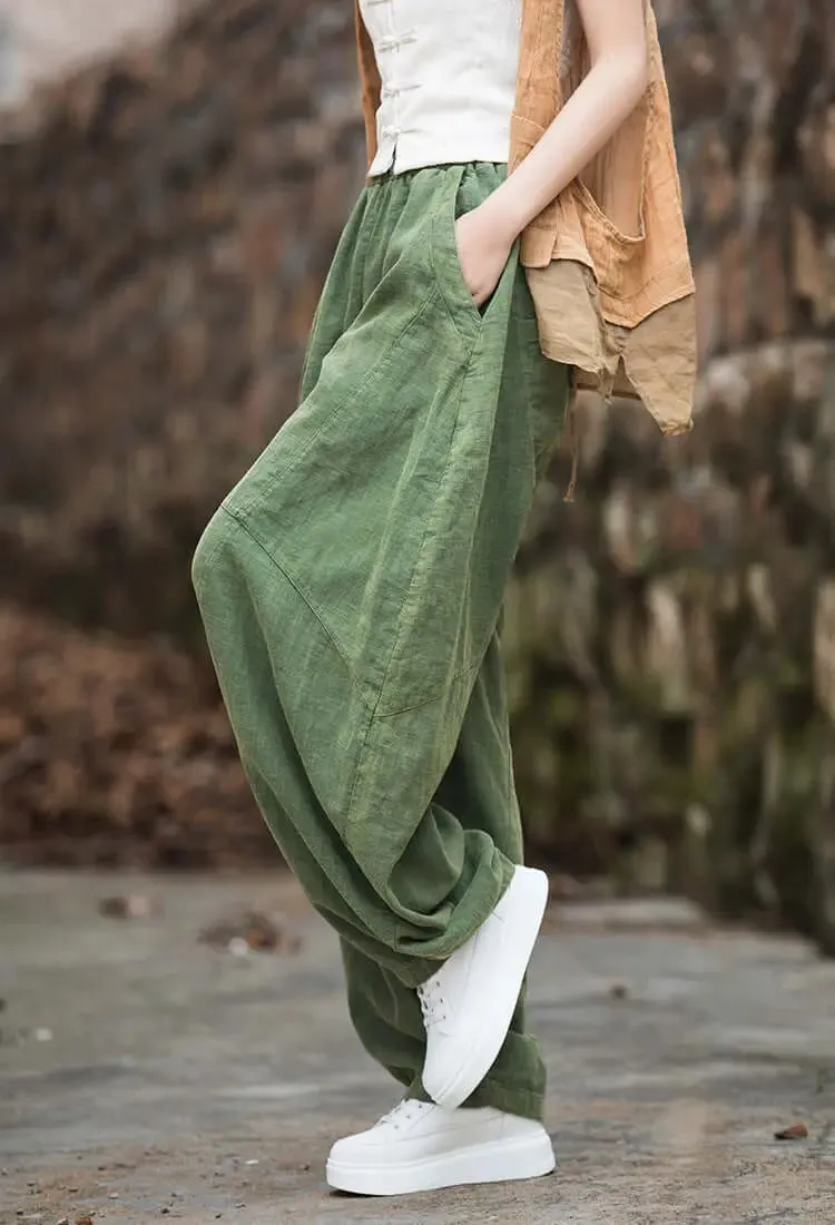 Green Linen Wide Leg Elastic Waist Summer Bloomers