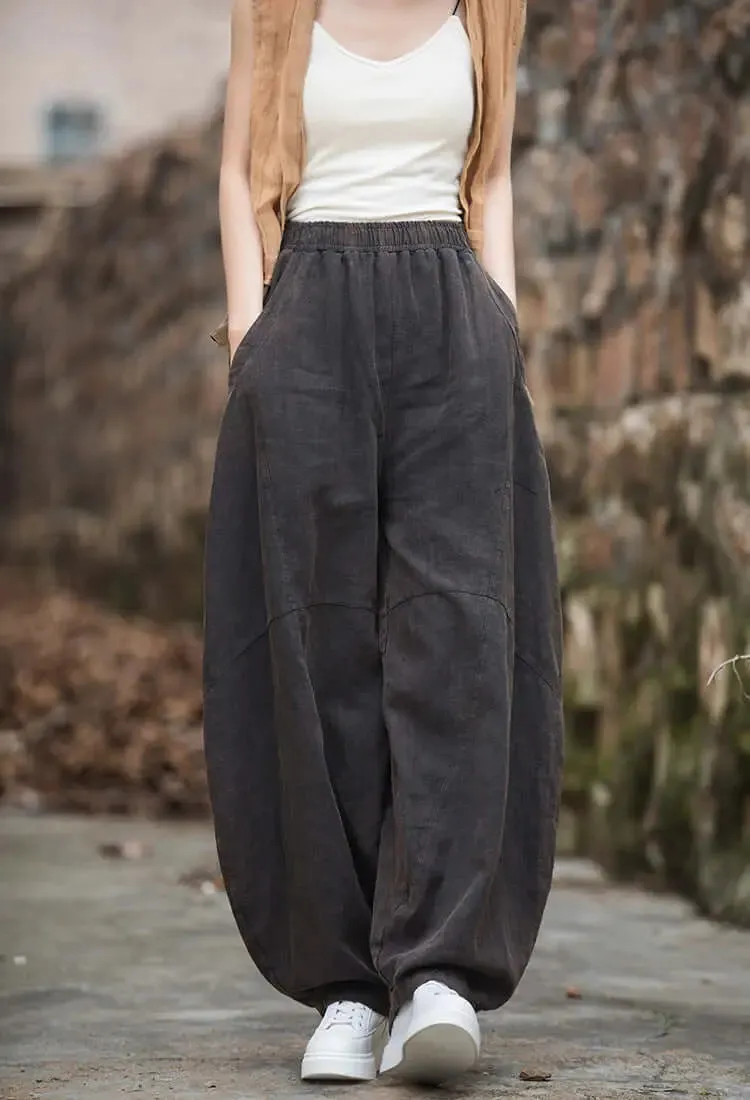 Green Linen Wide Leg Elastic Waist Summer Bloomers
