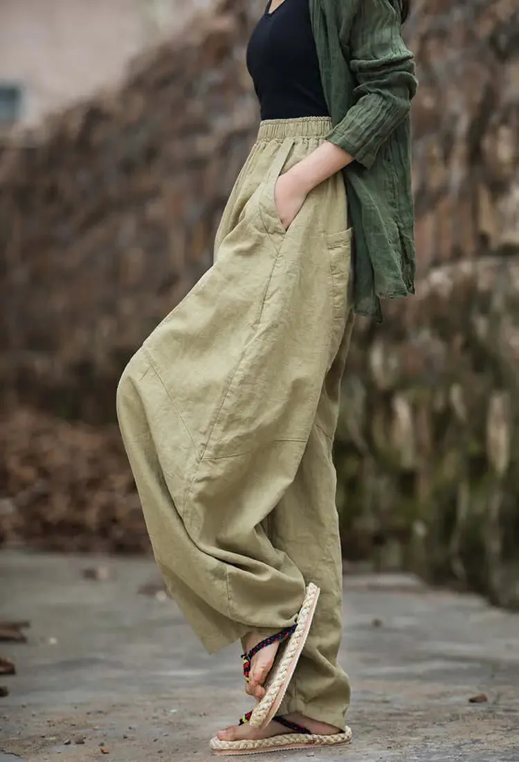 Green Linen Wide Leg Elastic Waist Summer Bloomers