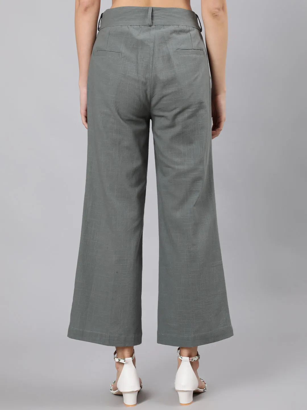 Grey Cotton Slub Flared High Rise Parallel Pants